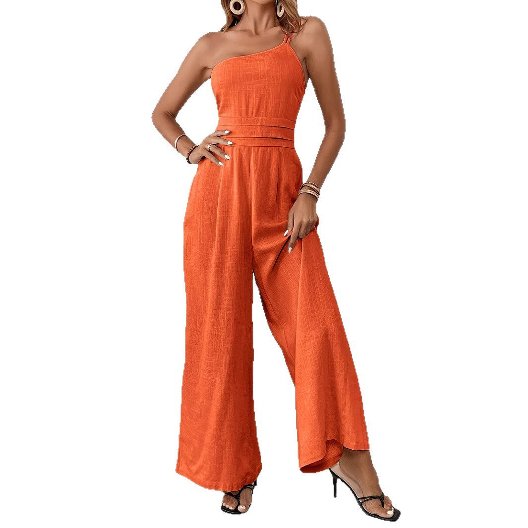 Combinaison asymétrique à jambes larges et épaules dénudées, couleur unie, pour femme