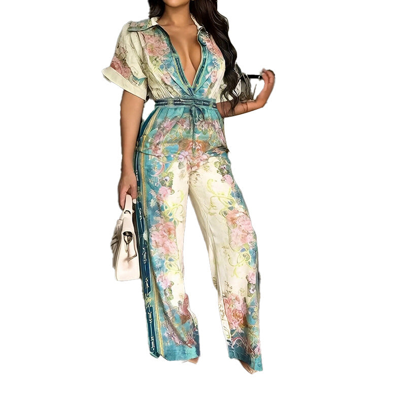 Combinaison Fleurie Élégante pour Femme – Coupe Fluide et Taille Ajustable
