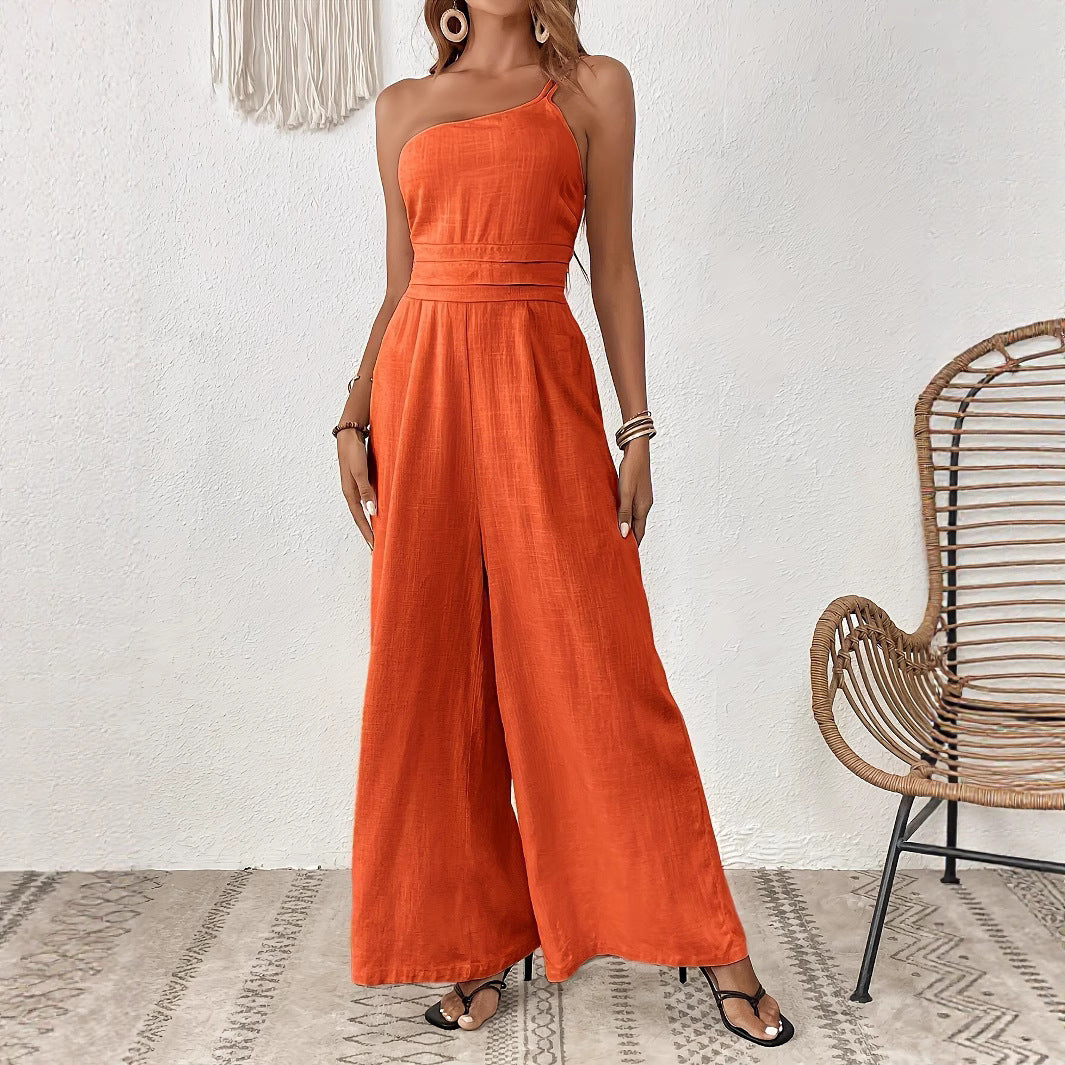 Combinaison asymétrique à jambes larges et épaules dénudées, couleur unie, pour femme