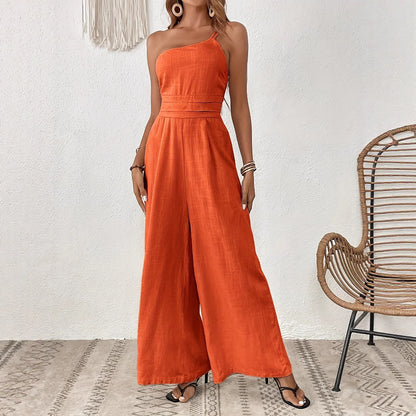 Combinaison asymétrique à jambes larges et épaules dénudées, couleur unie, pour femme