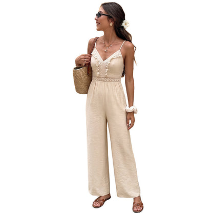 Combinaison Femme Beige Bohème – Fluide avec Détails en Dentelle