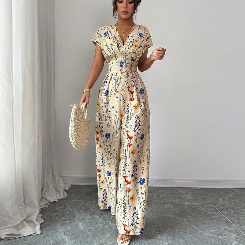 Combinaison Femme Longue Imprimé Floral – Col Cache-Cœur Élégant