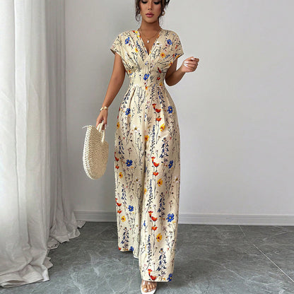 Combinaison Femme Longue Imprimé Floral – Col Cache-Cœur Élégant
