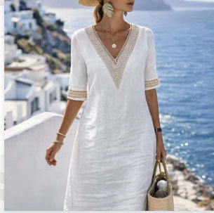 Robe Tunique Bohème d’Été – Col V Brodé et Coupe Ample