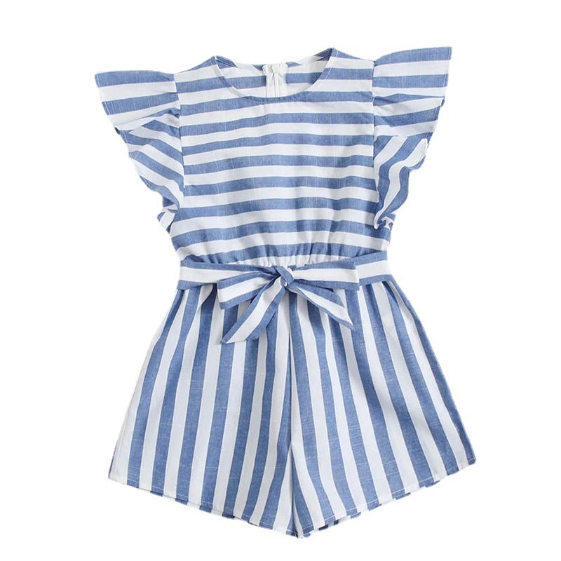 Combishort rayé en coton et lin, manches papillon, ceinture – Style Estival Chic