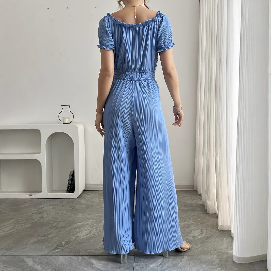 Combinaison Femme Plissée Bleu Ciel – Manches Courtes et Taille Élastique