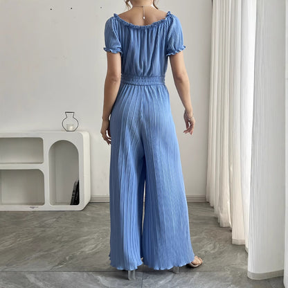 Combinaison Femme Plissée Bleu Ciel – Manches Courtes et Taille Élastique