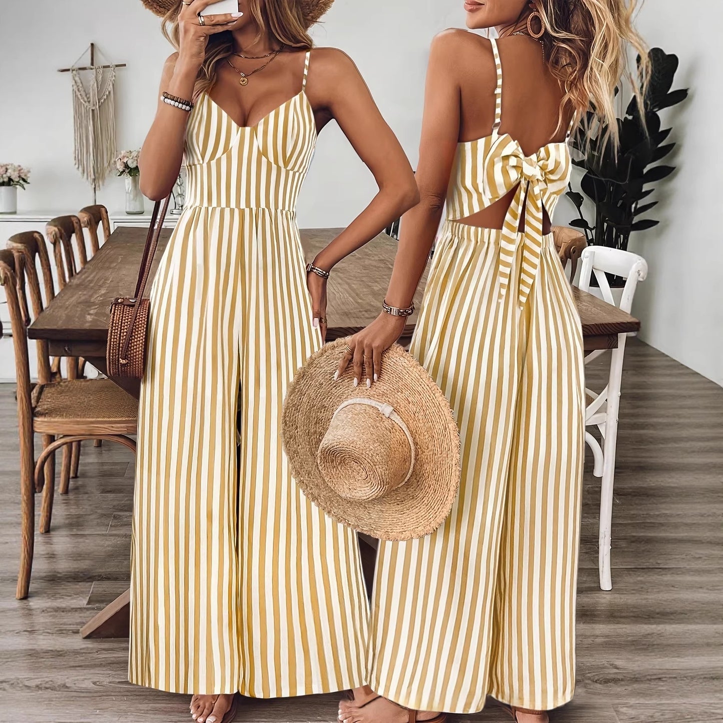 Combinaison Femme Longue à Rayures Jaune et Blanc – Dos Noué