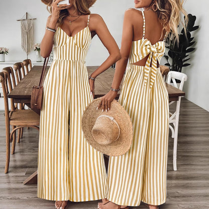 Combinaison Femme Longue à Rayures Jaune et Blanc – Dos Noué