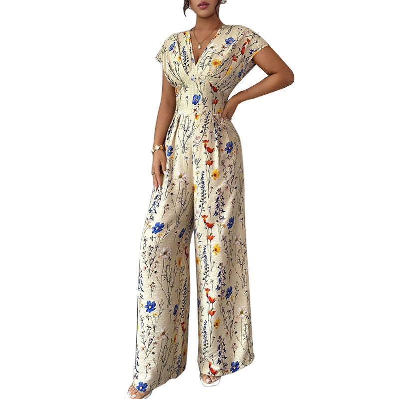 Combinaison Femme Longue Imprimé Floral – Col Cache-Cœur Élégant