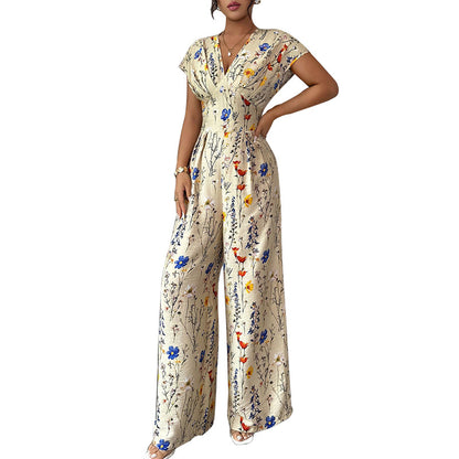 Combinaison Femme Longue Imprimé Floral – Col Cache-Cœur Élégant
