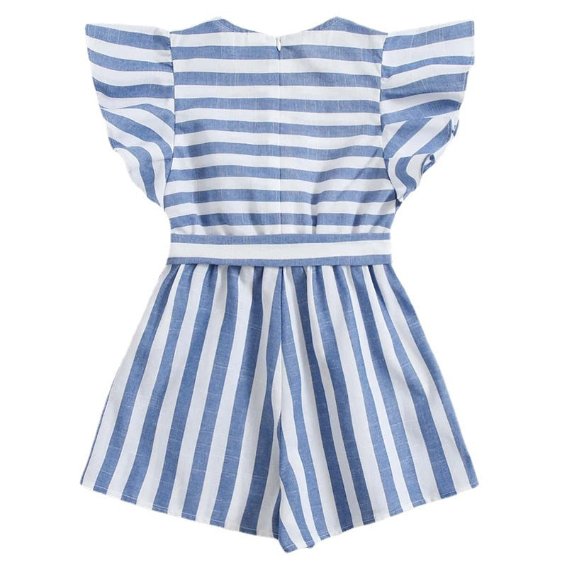 Combishort rayé en coton et lin, manches papillon, ceinture – Style Estival Chic