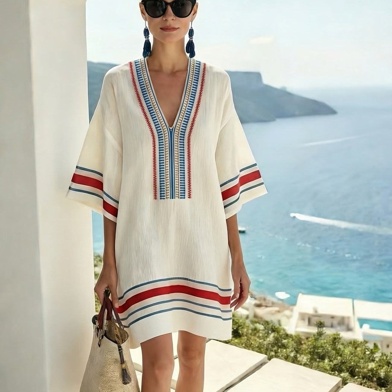 Robe Tunique Bohème d’Été – Col V Brodé et Coupe Ample
