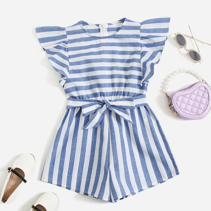 Combishort rayé en coton et lin, manches papillon, ceinture – Style Estival Chic