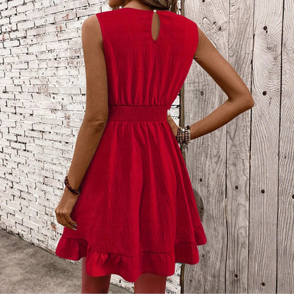 Robe Courte Rouge Évasée avec Taille Smockée – Élégance Féminine