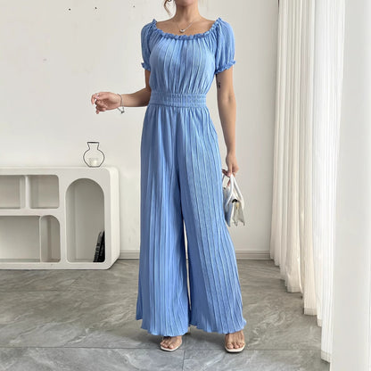 Combinaison Femme Plissée Bleu Ciel – Manches Courtes et Taille Élastique