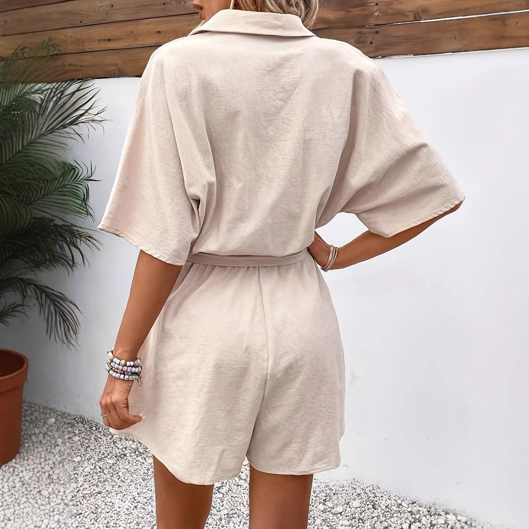 Combishort Chemise Beige avec Ceinture – Élégance Naturelle