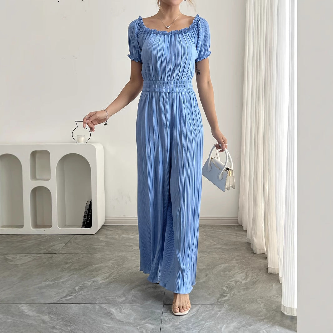 Combinaison Femme Plissée Bleu Ciel – Manches Courtes et Taille Élastique