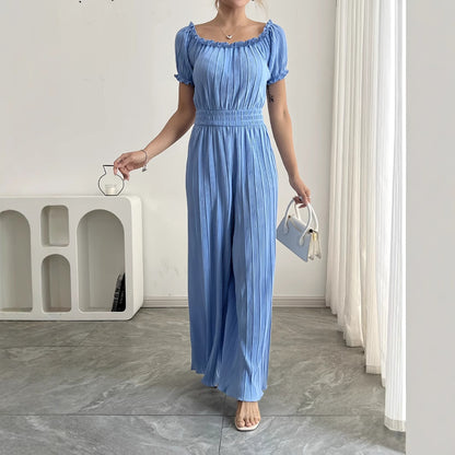 Combinaison Femme Plissée Bleu Ciel – Manches Courtes et Taille Élastique
