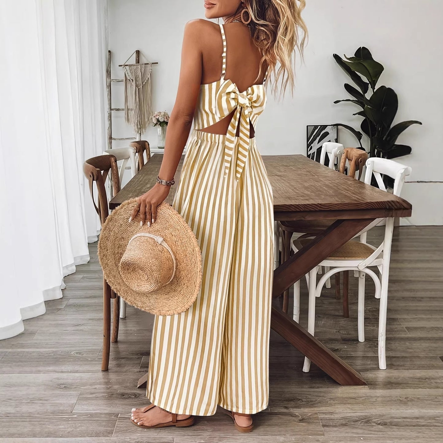 Combinaison Femme Longue à Rayures Jaune et Blanc – Dos Noué
