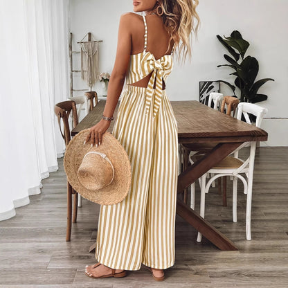 Combinaison Femme Longue à Rayures Jaune et Blanc – Dos Noué