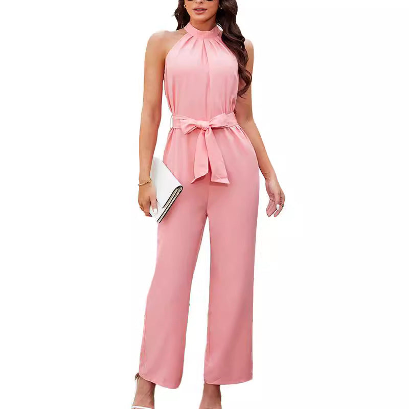 Combinaison Femme Rose Élégante – Col Halter et Ceinture à Nouer