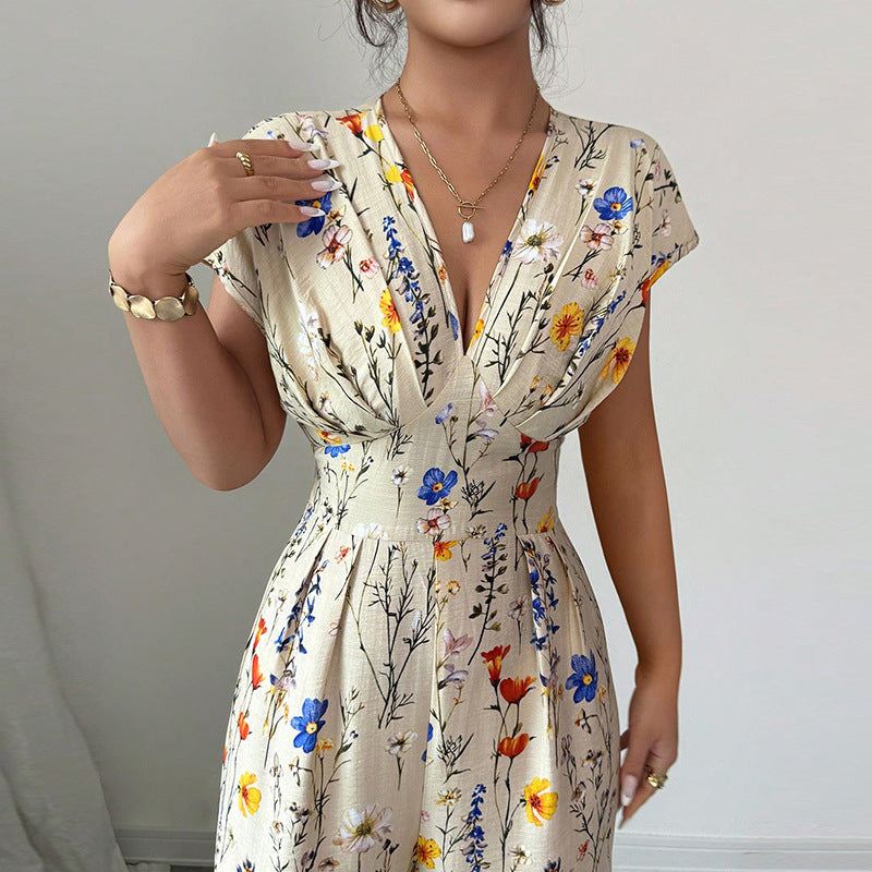 Combinaison Femme Longue Imprimé Floral – Col Cache-Cœur Élégant