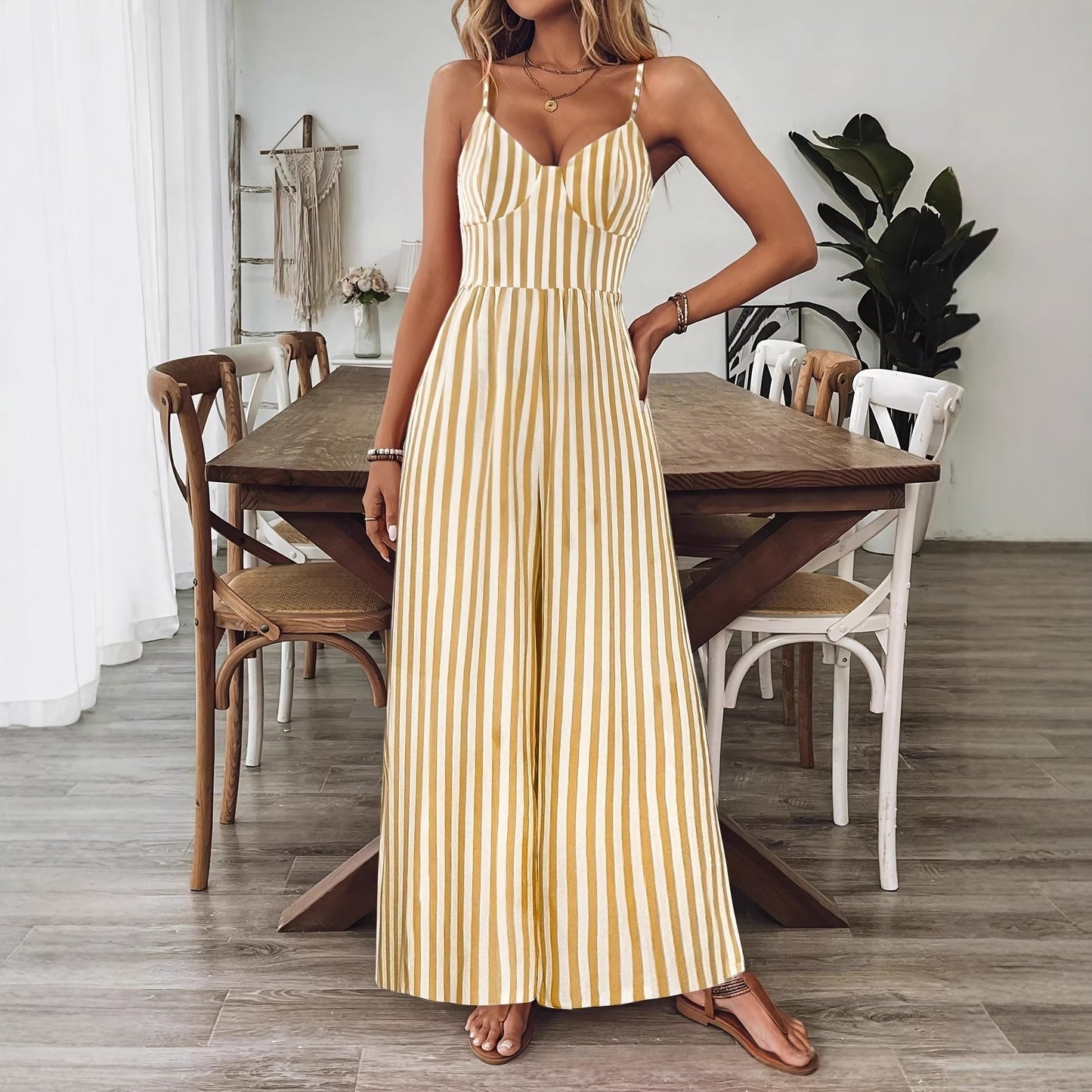 Combinaison Femme Longue à Rayures Jaune et Blanc – Dos Noué