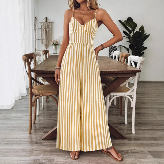 Combinaison Femme Longue à Rayures Jaune et Blanc – Dos Noué