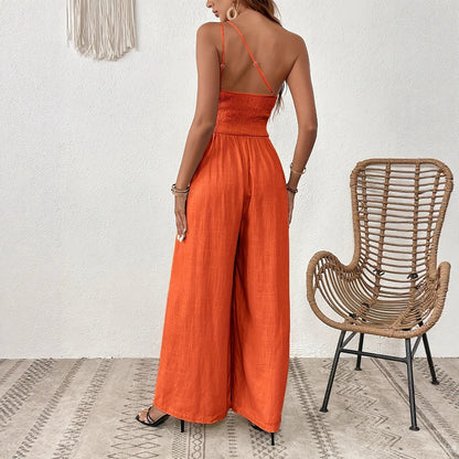Combinaison asymétrique à jambes larges et épaules dénudées, couleur unie, pour femme