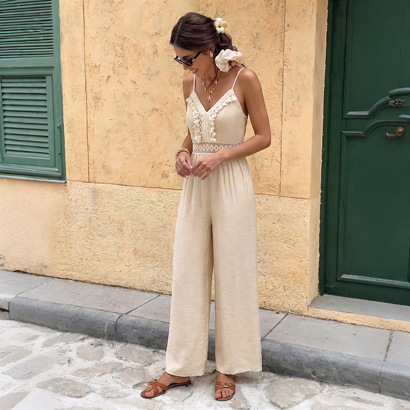 Combinaison Femme Beige Bohème – Fluide avec Détails en Dentelle