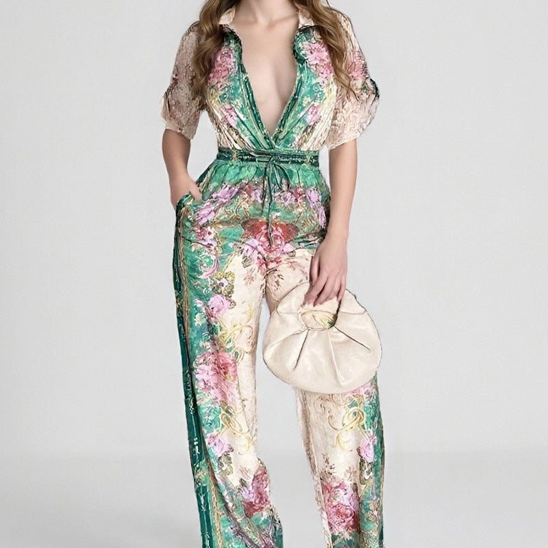 Combinaison Fleurie Élégante pour Femme – Coupe Fluide et Taille Ajustable