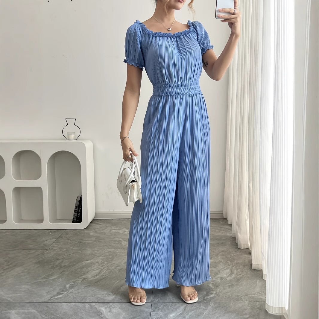 Combinaison Femme Plissée Bleu Ciel – Manches Courtes et Taille Élastique