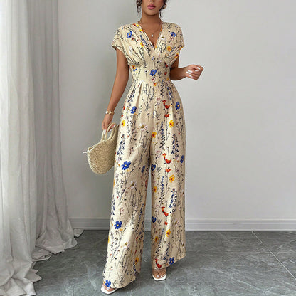 Combinaison Femme Longue Imprimé Floral – Col Cache-Cœur Élégant
