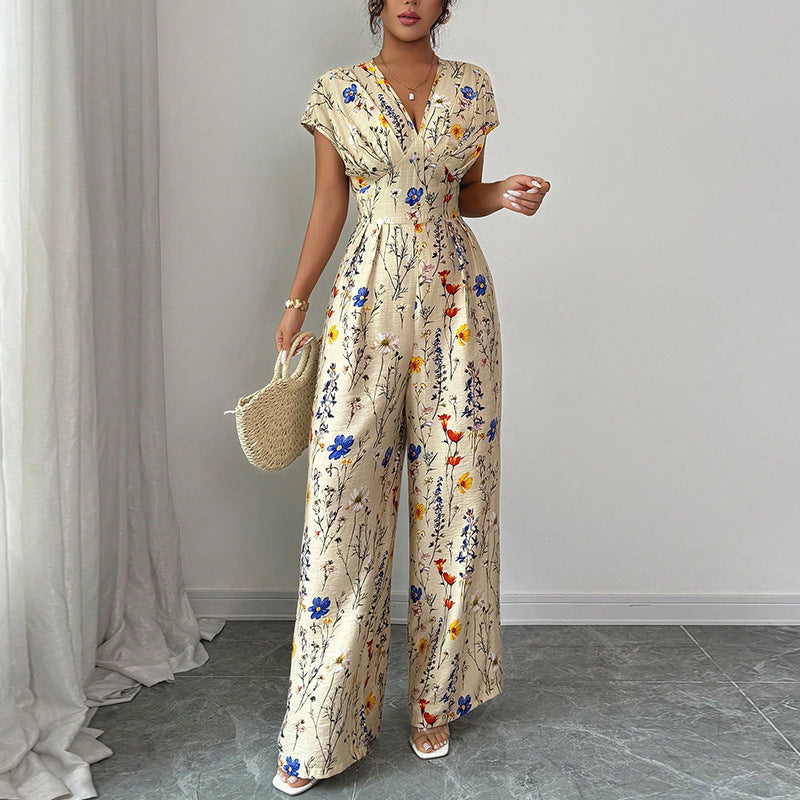 Combinaison Femme Longue Imprimé Floral – Col Cache-Cœur Élégant