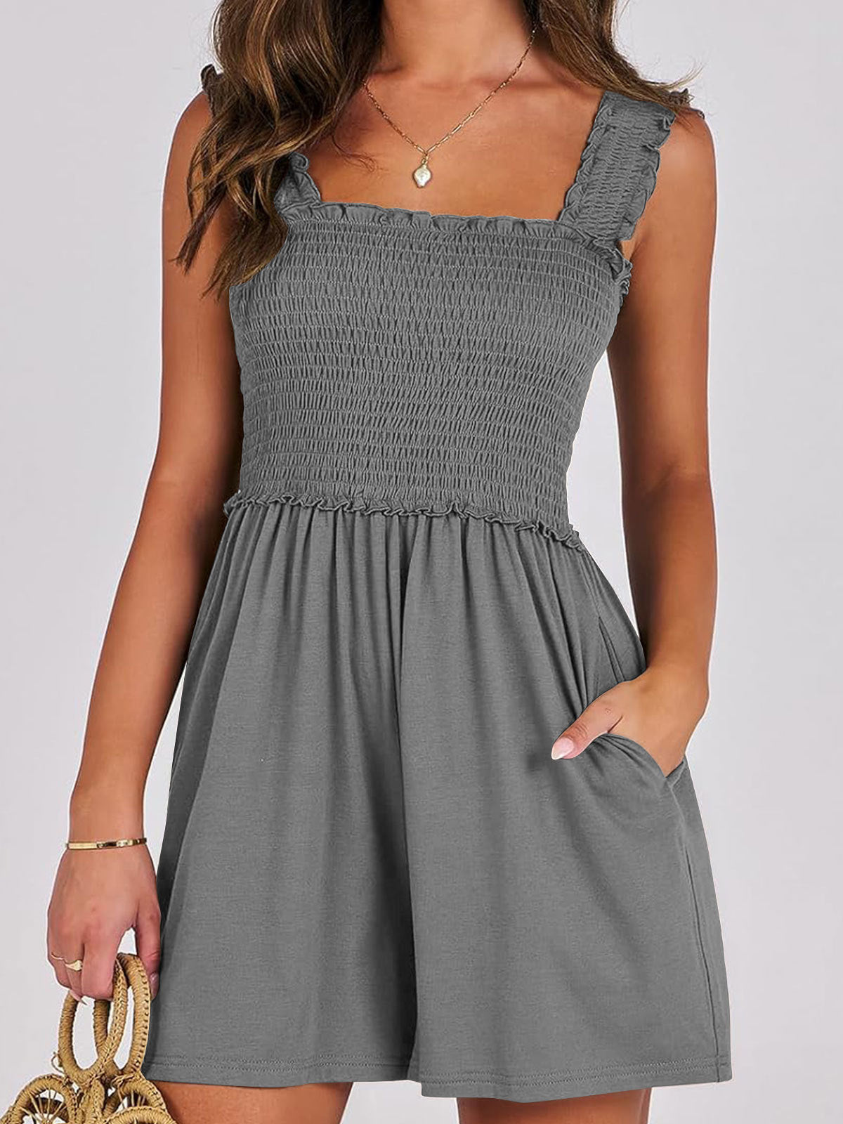 Combishort d'Été Smocké avec Poches pour Femme