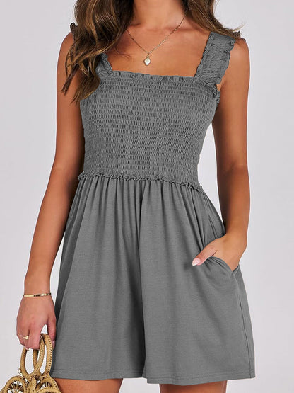 Combishort d'Été Smocké avec Poches pour Femme