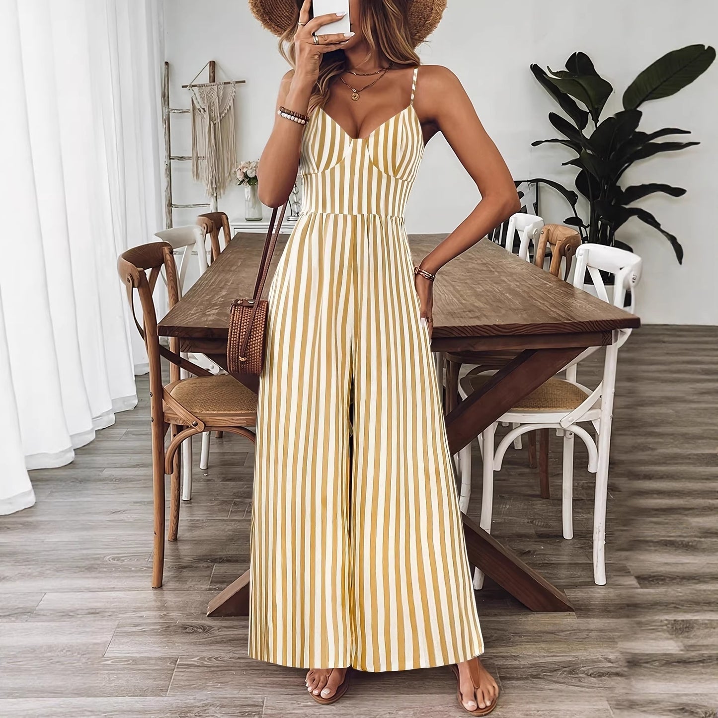 Combinaison Femme Longue à Rayures Jaune et Blanc – Dos Noué
