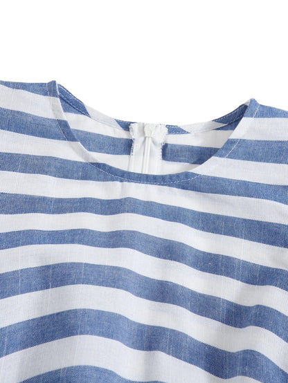 Combishort rayé en coton et lin, manches papillon, ceinture – Style Estival Chic
