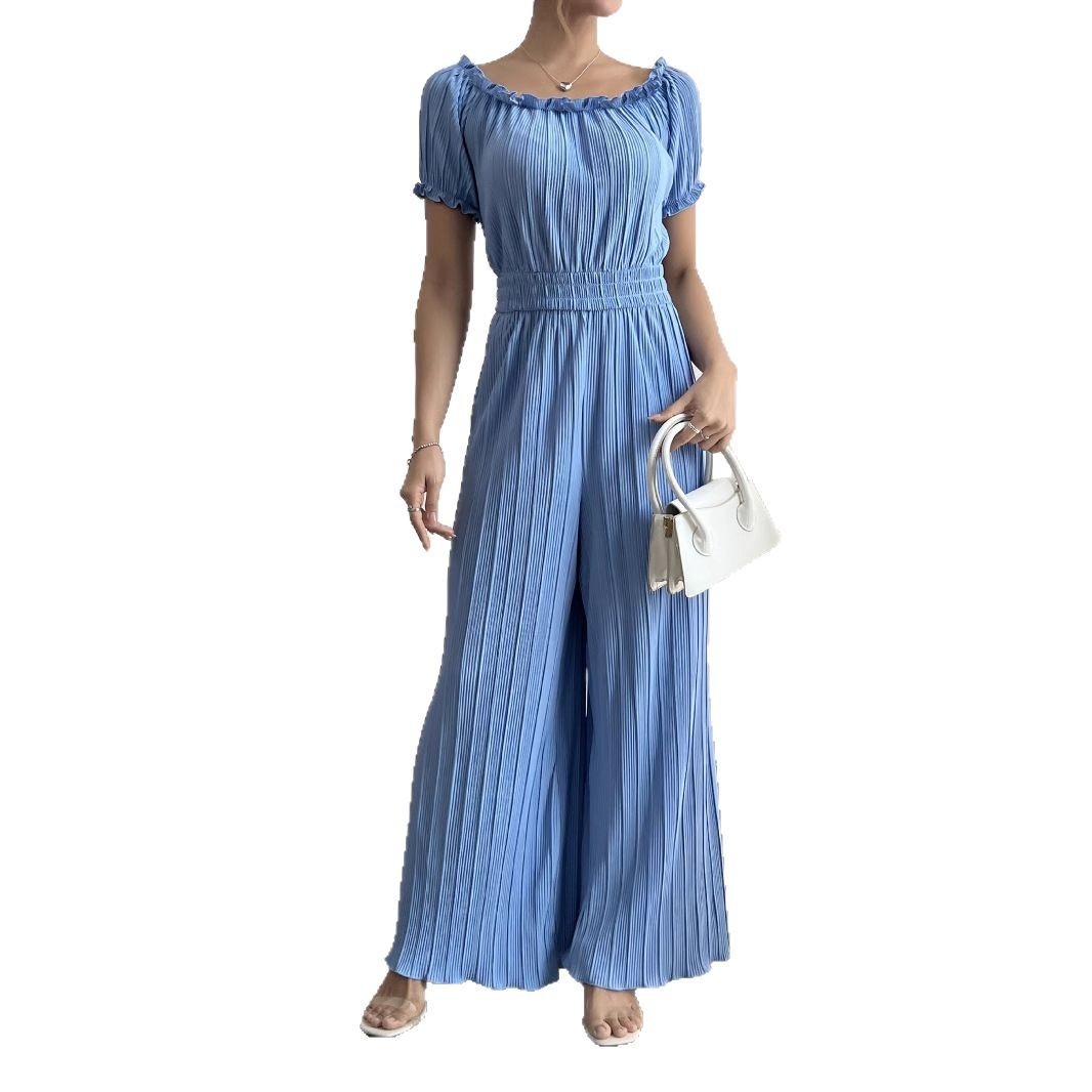 Combinaison Femme Plissée Bleu Ciel – Manches Courtes et Taille Élastique