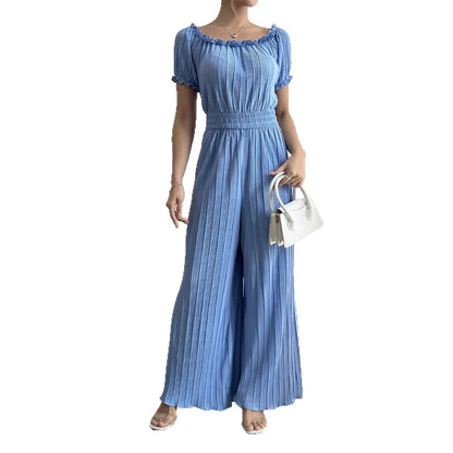 Combinaison Femme Plissée Bleu Ciel – Manches Courtes et Taille Élastique