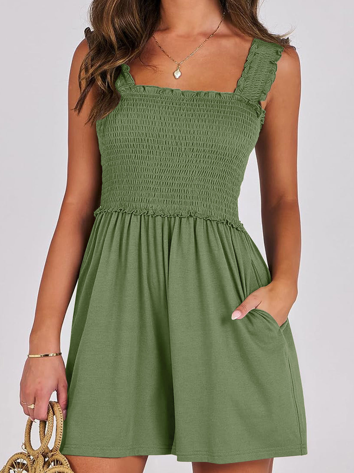 Combishort d'Été Smocké avec Poches pour Femme