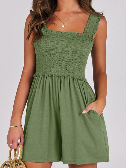 Combishort d'Été Smocké avec Poches pour Femme