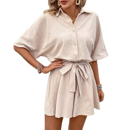 Combishort Chemise Beige avec Ceinture – Élégance Naturelle