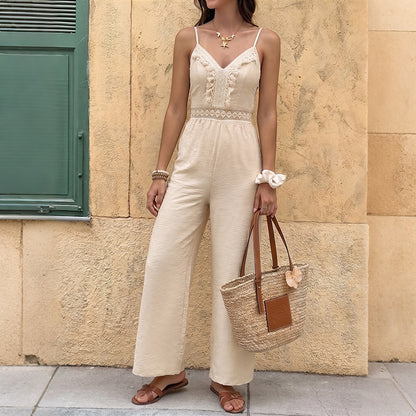 Combinaison Femme Beige Bohème – Fluide avec Détails en Dentelle