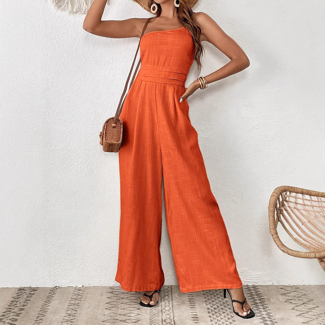 Combinaison asymétrique à jambes larges et épaules dénudées, couleur unie, pour femme