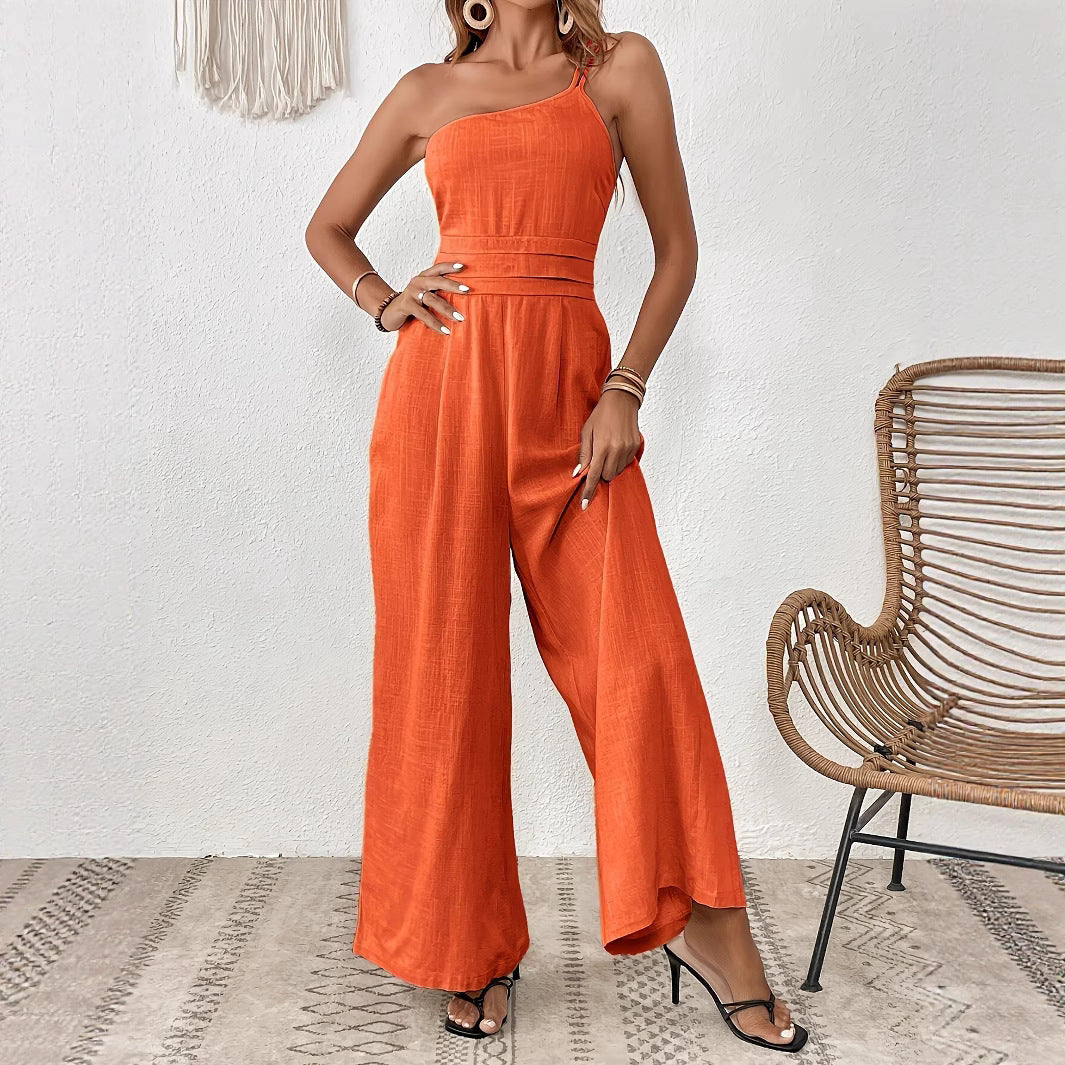 Combinaison asymétrique à jambes larges et épaules dénudées, couleur unie, pour femme
