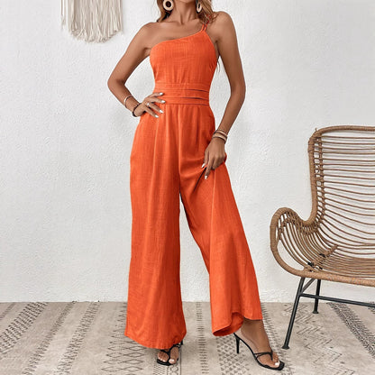 Combinaison asymétrique à jambes larges et épaules dénudées, couleur unie, pour femme
