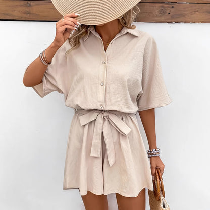 Combishort Chemise Beige avec Ceinture – Élégance Naturelle