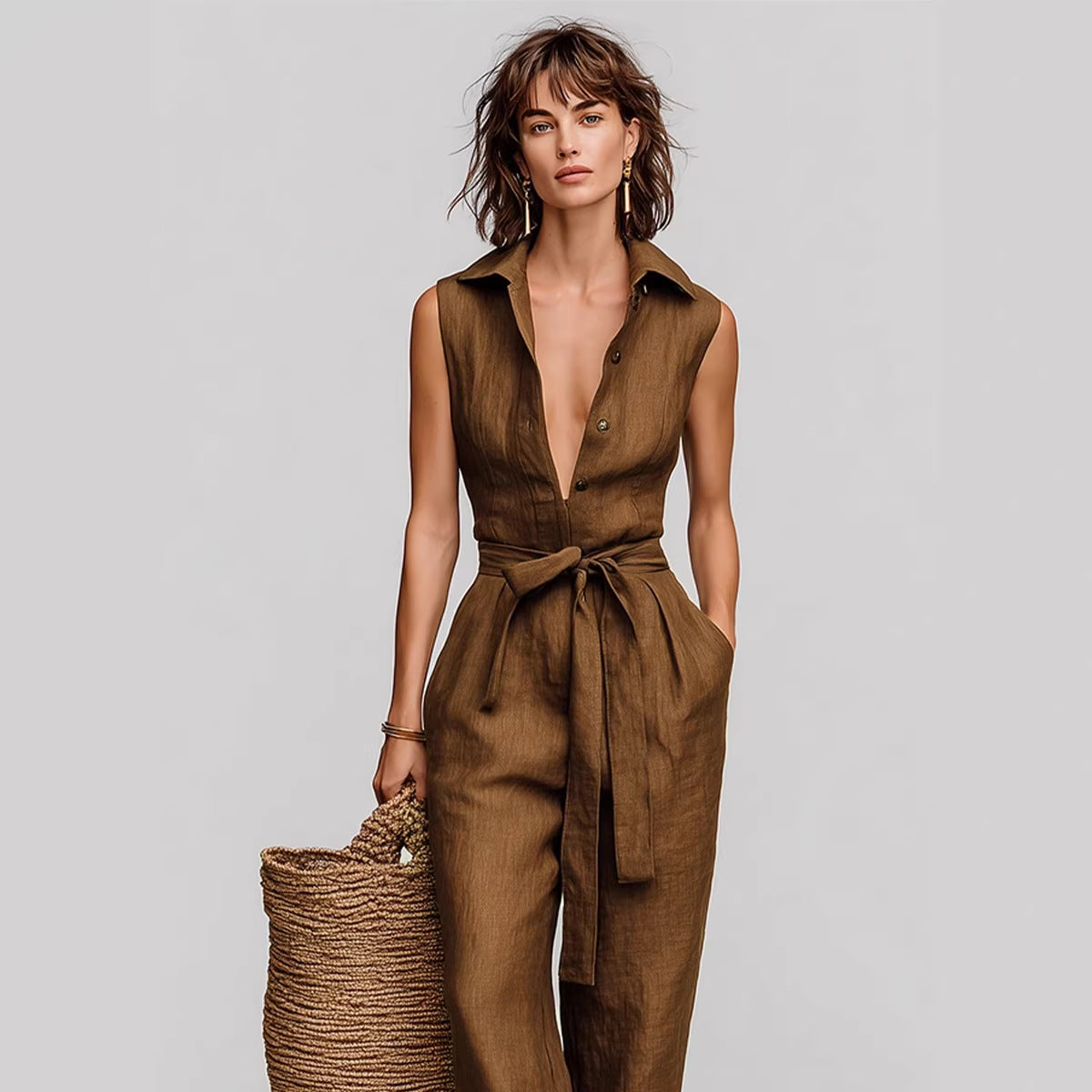 Combinaison Femme en Lin Marron – Élégance Naturelle et Chic Estival